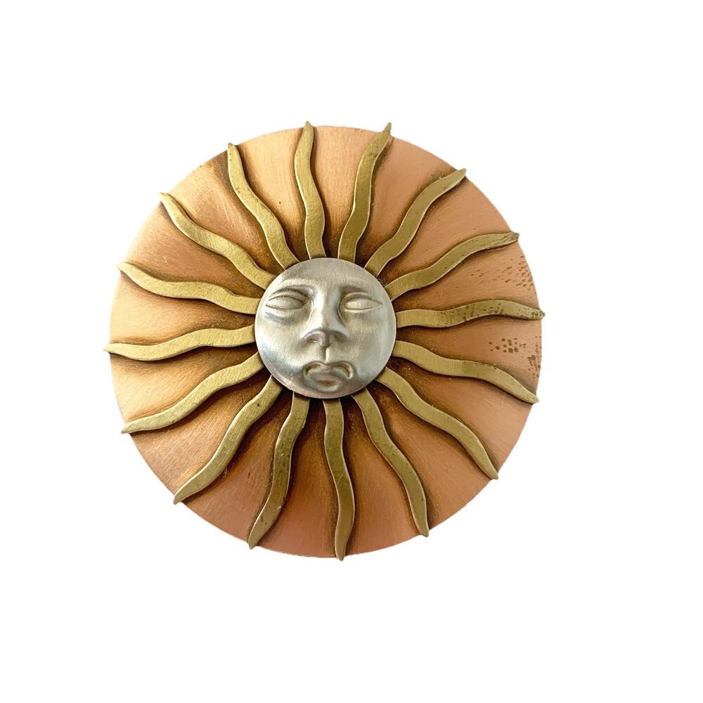 Vtg Celestial Brooch Pin Mixed Metal Sun Face 2" Copper Brass Aluminum Circle